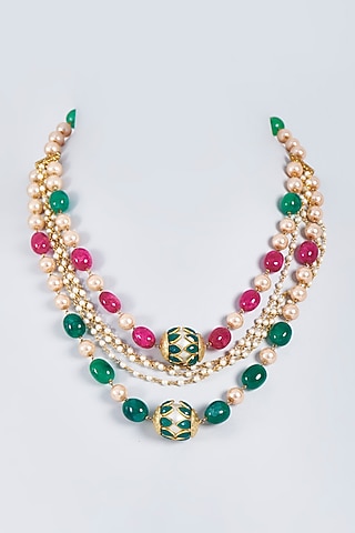 Gold Finish Green Onyx Stone Layered Necklace by Fuschia Jewellery